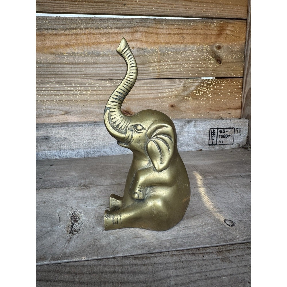 Vintage Solid Brass Elefant Hollywood Regency Ornate‎ Statue Lucky Trunk Up